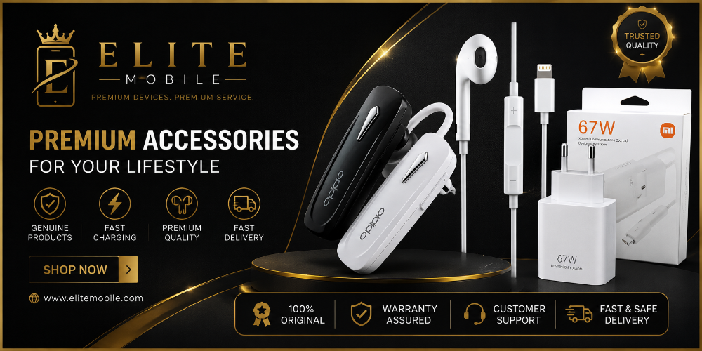 Elite Mobile premium accessories including earbuds, charger, and packaging on a black background.