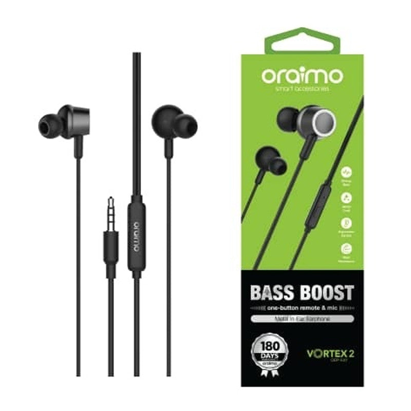 Oraimo OEP-E37 Vortex 2 Wired Earphones – Deep Bass, Clear Mic & Comfortable Fit