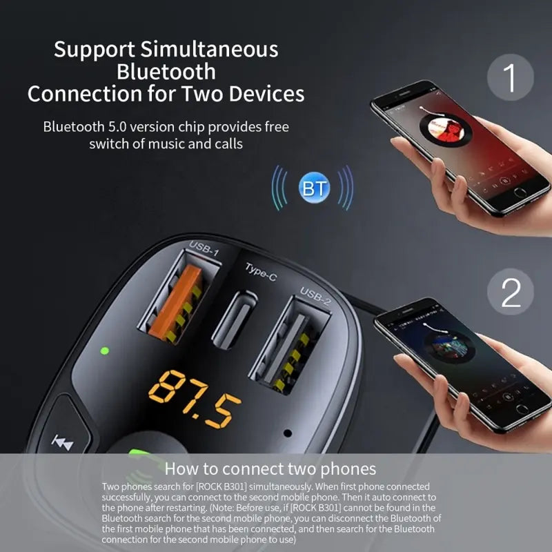 ROCK B301 Dual USB + PD Bluetooth 5.0 FM Transmitter & Car Charger, Support TF Card / U-disk (Black)