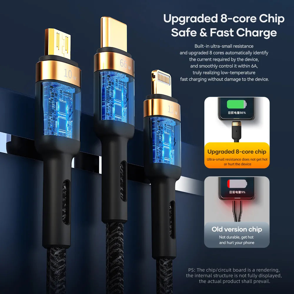 ROCK G18 66W FAST CHARGE 3-IN-1 CHARGE & SYNC NYLON CABLE